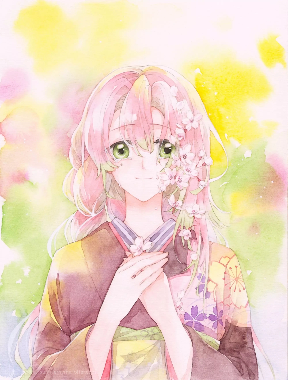 1girl bangs braid cherry_blossoms closed_mouth crying crying_with_eyes_open flower green_eyes green_hair hair_flower hair_ornament highres japanese_clothes kanroji_mitsuri kimetsu_no_yaiba long_hair long_sleeves looking_at_viewer mole mole_under_eye multicolored multicolored_background multicolored_hair obi own_hands_together pink_hair sash smile solo streaming_tears striped sunrise_rhyme tears upper_body