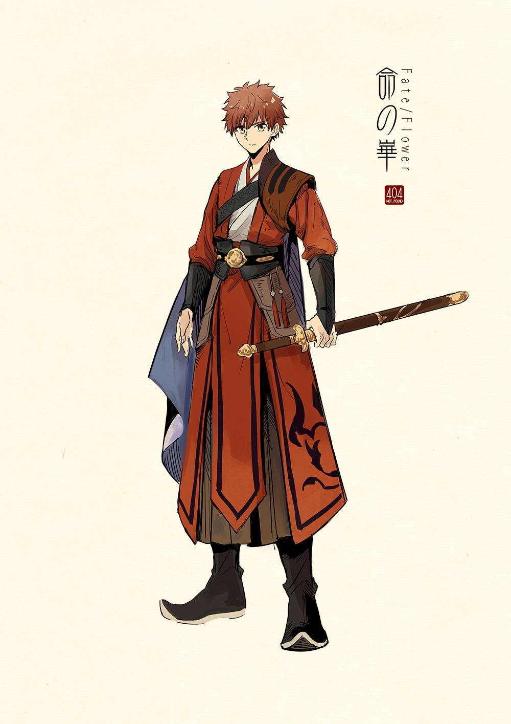 1boy arm_guards armor arms_at_sides bangs beige_background black_footwear boots brown_eyes cape chinese_clothes closed_mouth fate_(series) faulds frown full_body hanfu highres holding holding_sword holding_weapon leather long_sleeves looking_at_viewer male_focus purple_cape redhead robe sash sengo_muramasa_(fate) shoulder_armor simple_background solo standing sword tassel weapon wide_sleeves yellow_eyes zerocastle