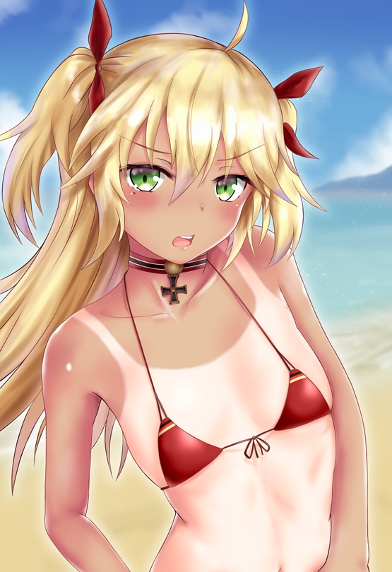 1girl admiral_hipper_(azur_lane) ahoge azur_lane bangs bare_shoulders beach blonde_hair blue_sky blush breasts choker green_eyes hair_between_eyes hair_ribbon iron_cross liu5114 long_hair looking_at_viewer mole mole_under_eye ocean open_mouth outdoors red_bikini_top ribbon sidelocks sky small_breasts solo swimsuit tan tanline two_side_up upper_body