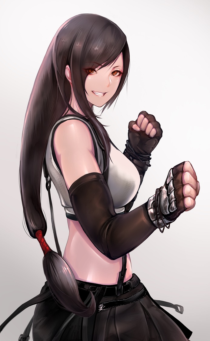 1girl bangs black_hair black_skirt breasts brown_hair commentary_request elbow_gloves eyebrows_visible_through_hair final_fantasy final_fantasy_vii fingerless_gloves from_side gloves grin jewelry large_breasts long_hair looking_at_viewer low-tied_long_hair masayoshi midriff red_eyes simple_background skirt smile solo suspender_skirt suspenders tank_top tifa_lockhart white_background