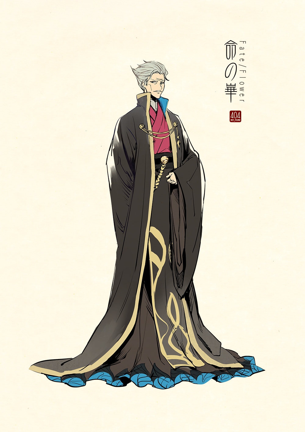 1boy arm_behind_back bangs beige_background chinese_clothes closed_mouth coat facial_hair fate_(series) full_body hair_slicked_back hanfu highres long_sleeves looking_at_viewer male_focus mustache old_man robe sash silver_hair simple_background smile solo standing wide_sleeves zerocastle