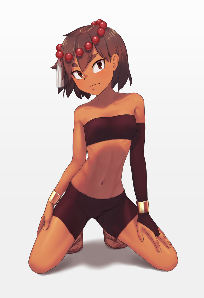 abs ajna_(indivisible) beads bike_shorts bob_cut bracelet breasts brown_eyes brown_hair closed_mouth collarbone dark_skin feet gloves hair_ornament hand_on_own_thigh indivisible jewelry kneeling looking_at_viewer navel putchers ribs sandals short_hair single_glove single_sleeve small_breasts solo strapless tubetop