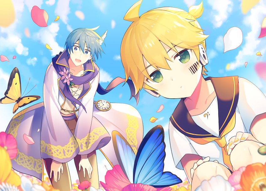 aqua_eyes barcode barcode_tattoo bass_clef black_collar blonde_hair blue_eyes blue_hair blue_robe blue_sky bug butterfly collar commentary crop_top expressionless facial_tattoo falling_petals flower hands_on_own_knees headphones insect kagamine_len kaito leaning_forward looking_at_viewer male_focus pants parted_lips petals pocket_watch project_diva_(series) purple_flower purple_scarf red_flower sailor_collar scarf school_uniform shirt short_ponytail short_sleeves sinaooo sky squatting standing strange_dark_(module) symbol_commentary tattoo violet_(module) vocaloid watch white_shirt yellow_flower