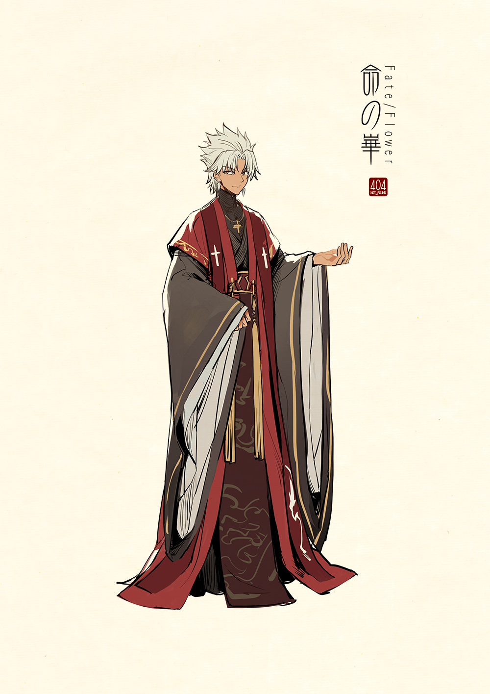 1boy bangs beige_background chinese_clothes closed_mouth cross cross_necklace cross_print dark_skin dark_skinned_male earrings fate_(series) full_body hanfu highres jewelry long_sleeves looking_away male_focus necklace outstretched_arm parted_bangs robe sash sideways_glance simple_background sleeves_past_wrists smile solo spiky_hair standing stole tassel turtleneck wide_sleeves zerocastle