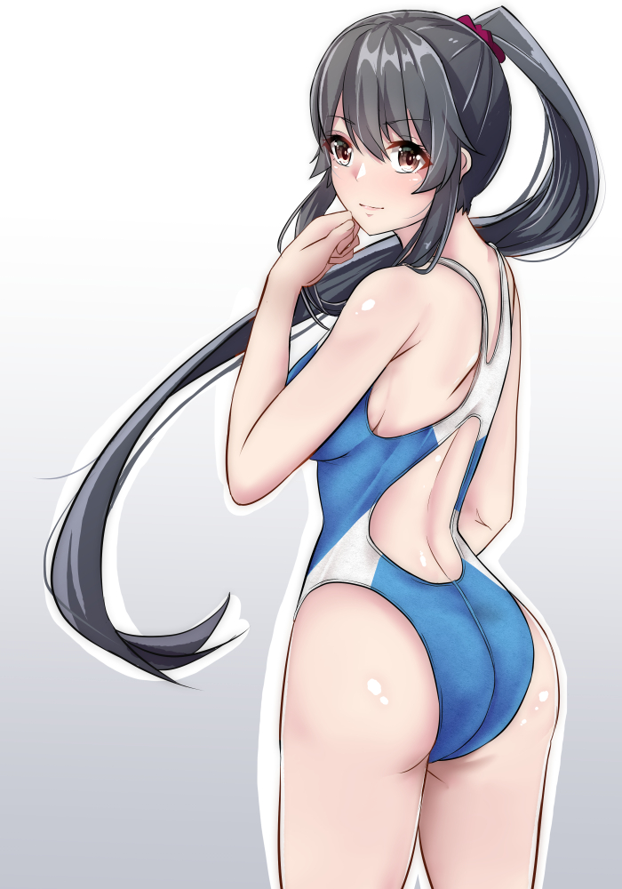 1girl ass black_hair blue_swimsuit brown_eyes commentary_request competition_swimsuit cowboy_shot gradient gradient_background grey_background kantai_collection long_hair looking_to_the_side one-piece_swimsuit ponytail scrunchie shohei_(piranha5hk) sidelocks solo standing swimsuit white_background yahagi_(kantai_collection)