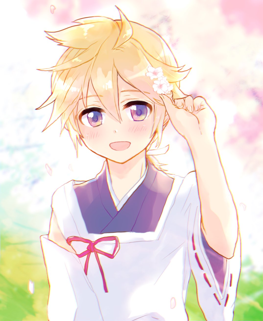 1boy aitetsu_(module) blonde_hair blue_eyes commentary detached_sleeves flower hair_flower hair_ornament hand_up highres holding holding_flower japanese_clothes kagamine_len light_blush looking_at_viewer male_focus open_mouth project_diva_(series) ribbon shiroro69 shirt smile spiky_hair upper_body vocaloid white_shirt white_sleeves