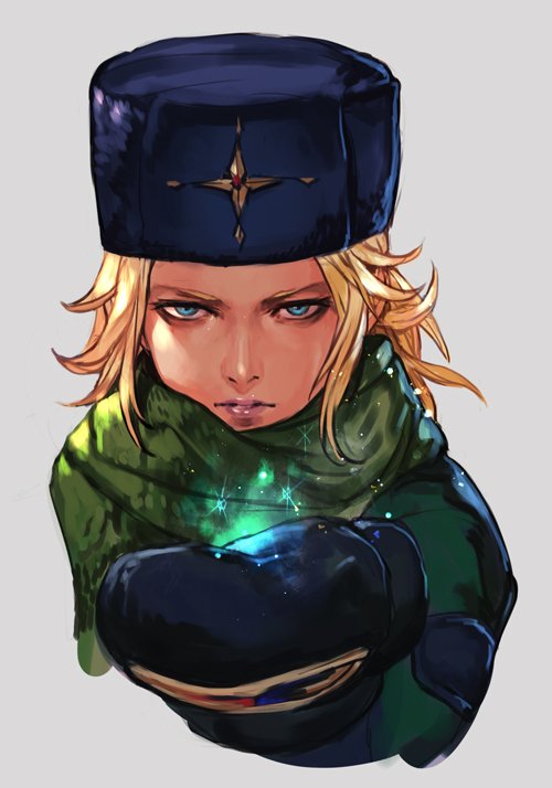 1girl alternate_costume alternate_hairstyle blonde_hair blue_coat blue_eyes blue_headwear coat cropped_torso fur_hat gloves grey_background hankuri hat ice kolin long_hair long_sleeves looking_at_viewer parted_lips scarf simple_background solo street_fighter street_fighter_v ushanka winter_clothes