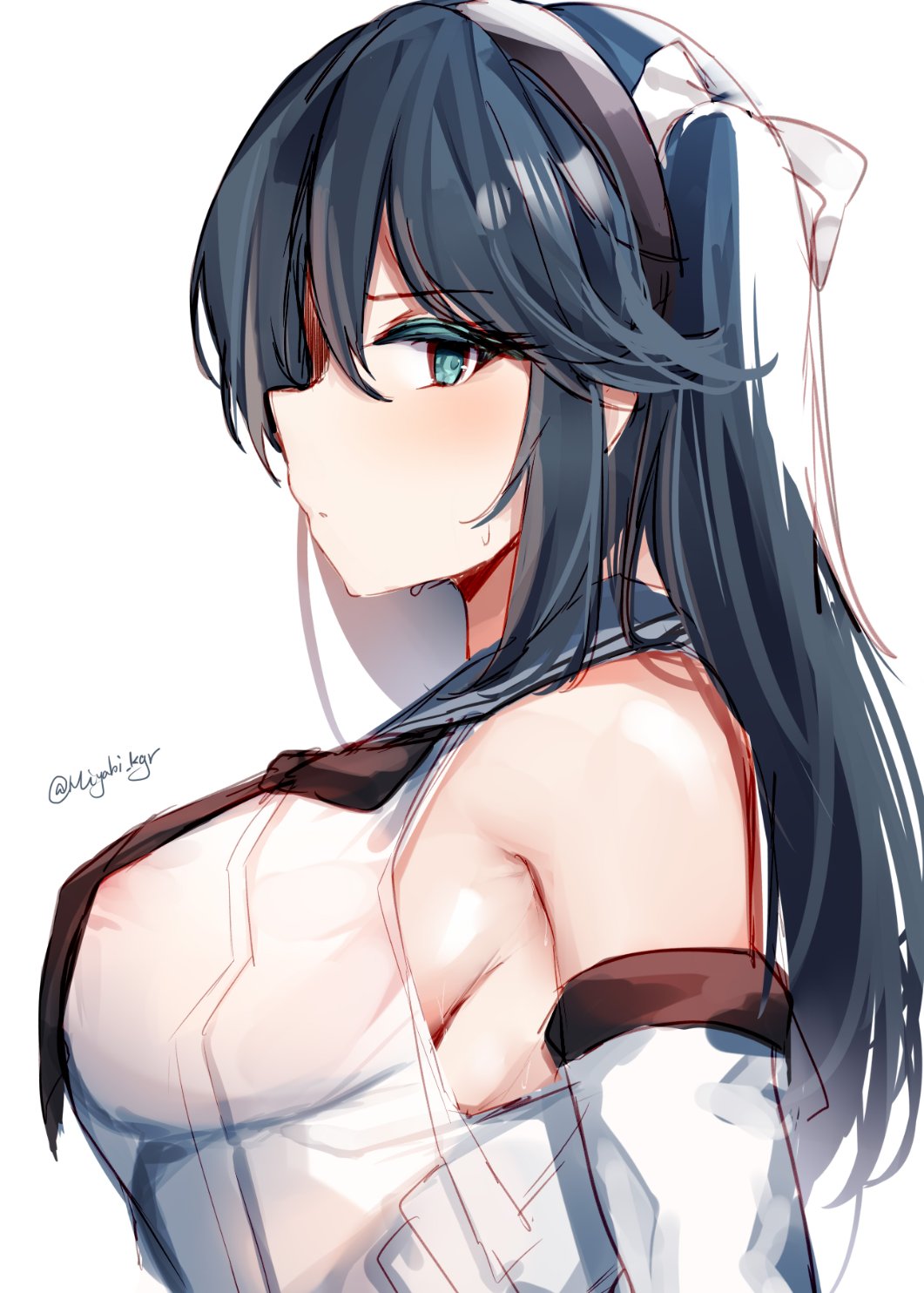 1girl black_neckwear black_sailor_collar blue_eyes blue_hair breasts commentary_request detached_sleeves highres isuzu_(kantai_collection) kagurazaka_miyabi kantai_collection large_breasts long_hair looking_at_viewer neckerchief pleated_skirt profile sailor_collar school_uniform serafuku simple_background skirt solo twintails upper_body white_background