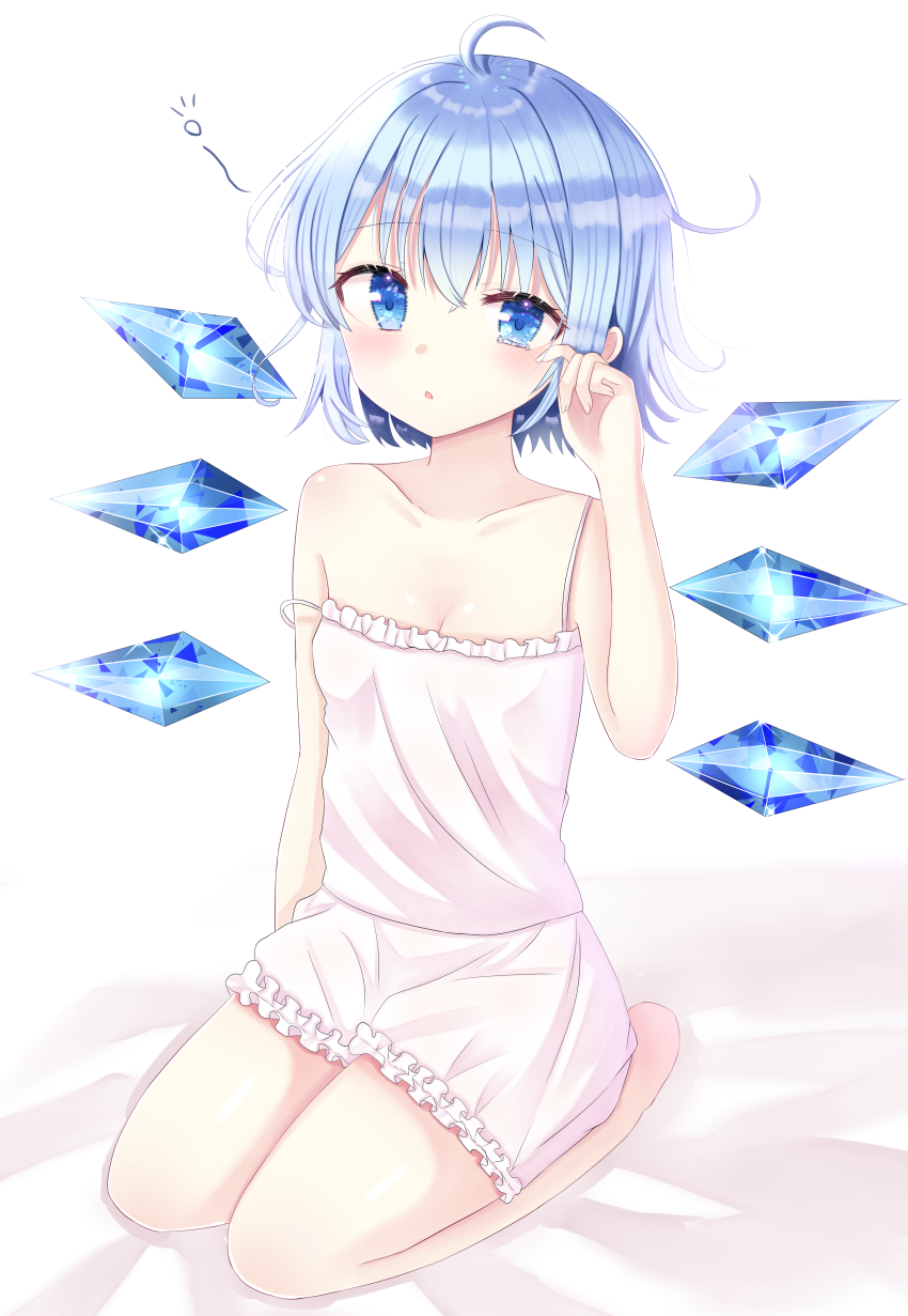 ahoge alternate_costume bare_arms bloomers blue_eyes blue_hair blush breasts camisole cirno collarbone eyebrows_visible_through_hair hair_between_eyes highres looking_at_viewer nibosisuzu no_headwear on_bed rubbing_eyes seiza simple_background sitting small_breasts strap_slip touhou triangle_mouth underwear waking_up white_background wings