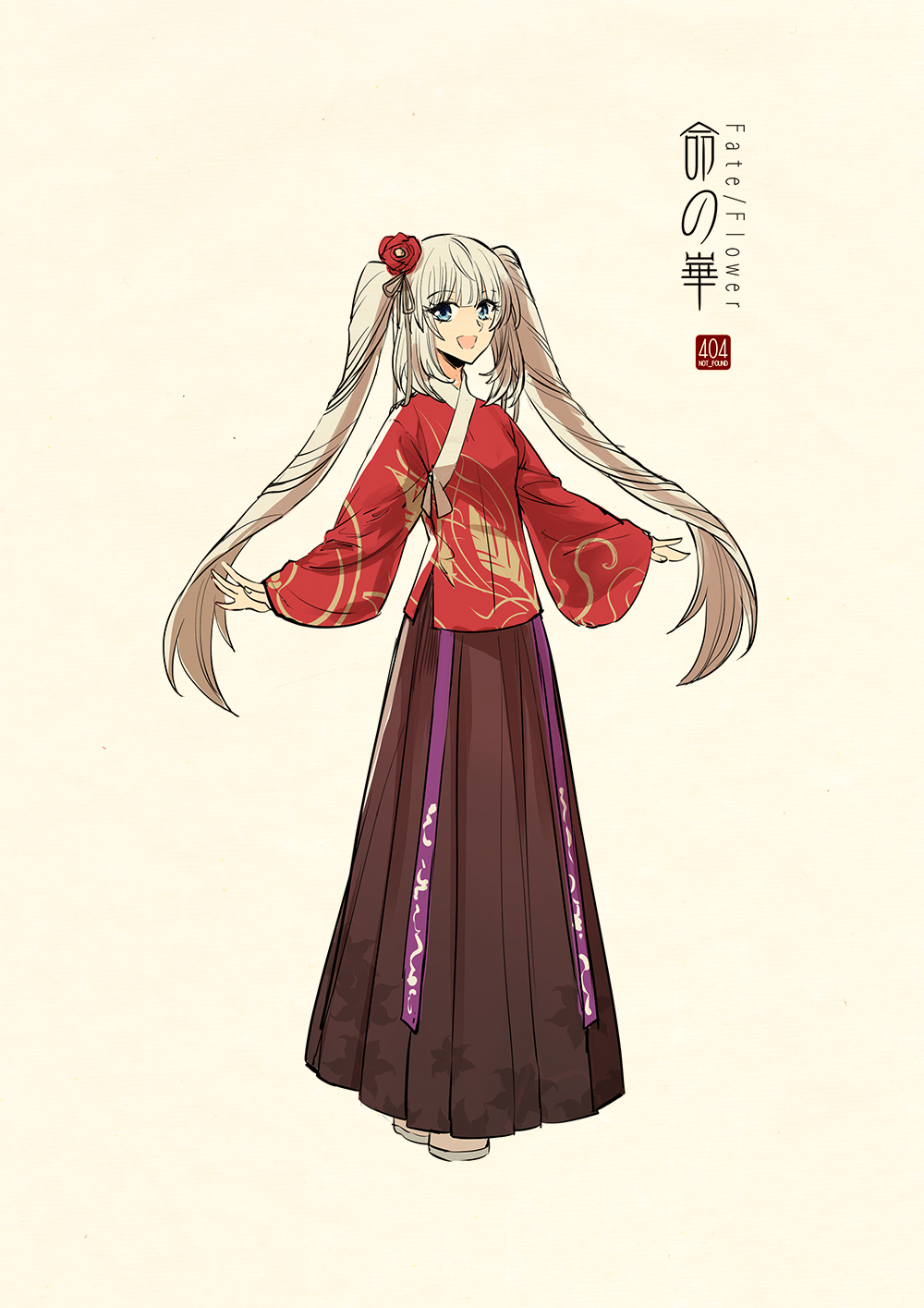 1girl :d bangs beige_background black_dress black_skirt blonde_hair blue_eyes blunt_bangs breasts chinese_clothes dress fate_(series) flower full_body hair_ribbon hanfu highres long_hair long_skirt long_sleeves looking_at_viewer open_mouth outstretched_arms pleated_skirt purple_skirt red_flower ribbon sidelocks silver_hair simple_background skirt sleeves_past_wrists small_breasts smile solo standing twintails very_long_hair wide_sleeves zerocastle