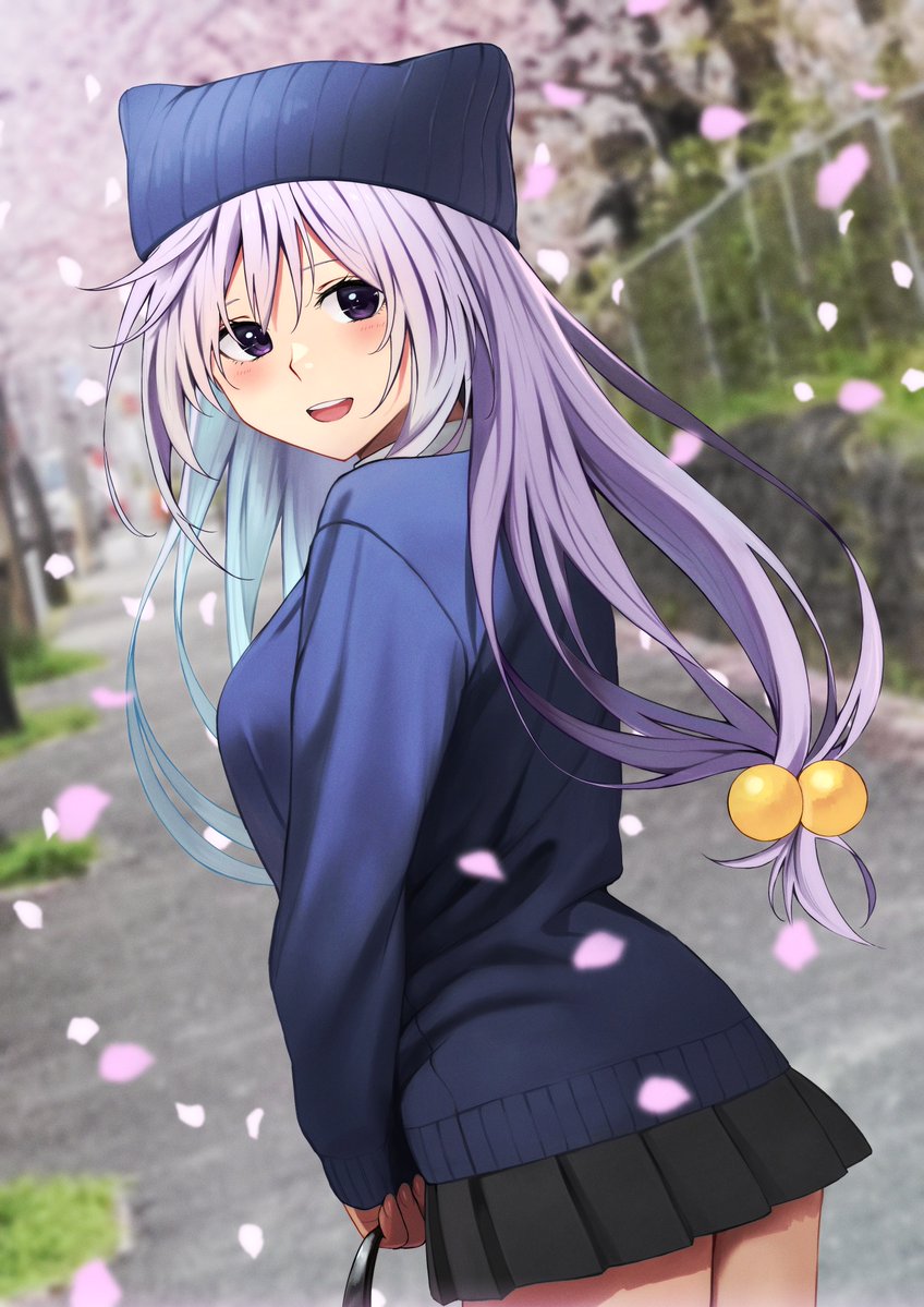 1girl :d bangs black_headwear black_skirt black_sweater breasts cherry_blossoms eris_(konosuba) grey_hair holding izawa_(bhive003) kono_subarashii_sekai_ni_shukufuku_wo! large_breasts long_hair long_sleeves looking_back miniskirt petals pleated_skirt skirt smile solo sweater teeth upper_teeth