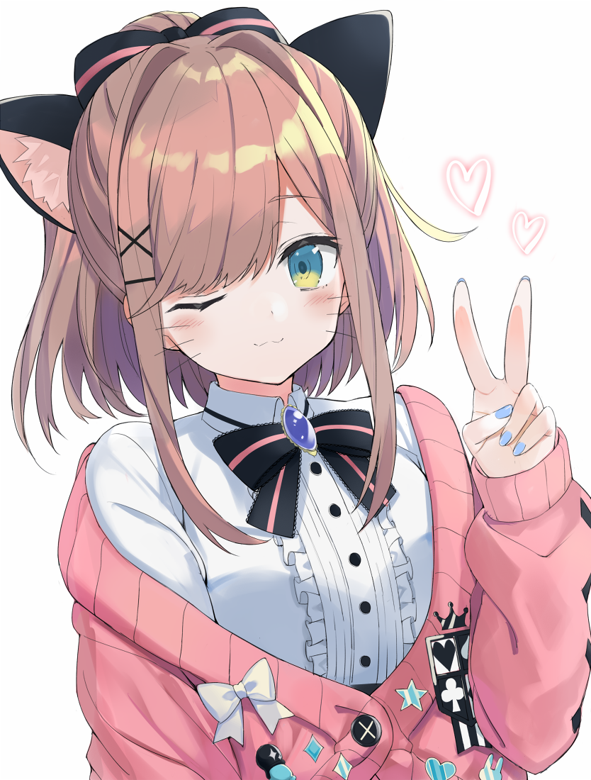1girl ;3 animal_ear_fluff animal_ears black_bow blue_nails blush bow breasts brooch brown_hair cardigan center_frills closed_mouth collared_shirt commentary_request frills green_eyes hair_bow hair_intakes hair_ornament hairclip hand_up heart high_ponytail jewelry kemonomimi_mode kuhotaka long_sleeves looking_at_viewer nail_polish nijisanji one_eye_closed pink_cardigan ponytail shirt simple_background sleeves_past_wrists small_breasts solo striped striped_bow suzuhara_lulu upper_body virtual_youtuber white_background white_shirt x_hair_ornament