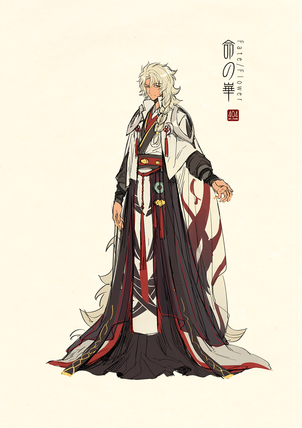 1boy arm_at_side bangs beige_background blonde_hair cape chinese_clothes closed_mouth dark_skin dark_skinned_male fate_(series) flipped_hair frown full_body hanfu highres long_hair long_sleeves looking_at_viewer male_focus o-ring outstretched_arm ring_hair_ornament robe sash shoulder_armor simple_background solo solomon_(fate/grand_order) standing tassel very_long_hair yellow_eyes zerocastle