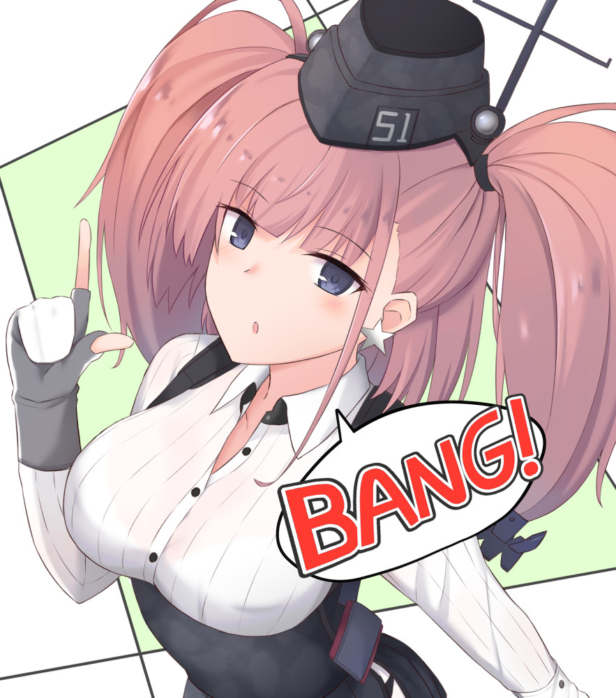 1girl :o akahi242 anchor_hair_ornament atlanta_(kantai_collection) black_headwear blush breasts brown_hair dress_shirt earrings garrison_cap gloves grey_eyes hair_ornament hat jewelry kantai_collection large_breasts long_hair long_sleeves looking_at_viewer partly_fingerless_gloves pointing pointing_up shirt solo star star_earrings two_side_up upper_body white_gloves white_shirt