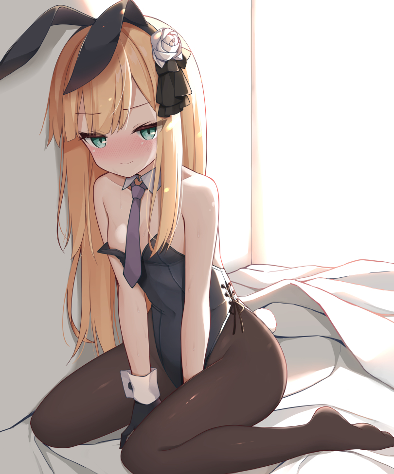 1girl animal_ears bare_arms bare_shoulders between_legs black_gloves black_leotard blanket blonde_hair blush breasts brown_legwear bunny_girl bunny_tail bunnysuit covered_navel detached_collar fake_animal_ears fate_(series) gloves green_eyes hair_ornament kamu_(geeenius) leotard long_hair looking_at_viewer lord_el-melloi_ii_case_files necktie no_shoes nose_blush pantyhose rabbit_ears reines_el-melloi_archisorte short_necktie sitting slit_pupils small_breasts solo strapless strapless_leotard tail wrist_cuffs