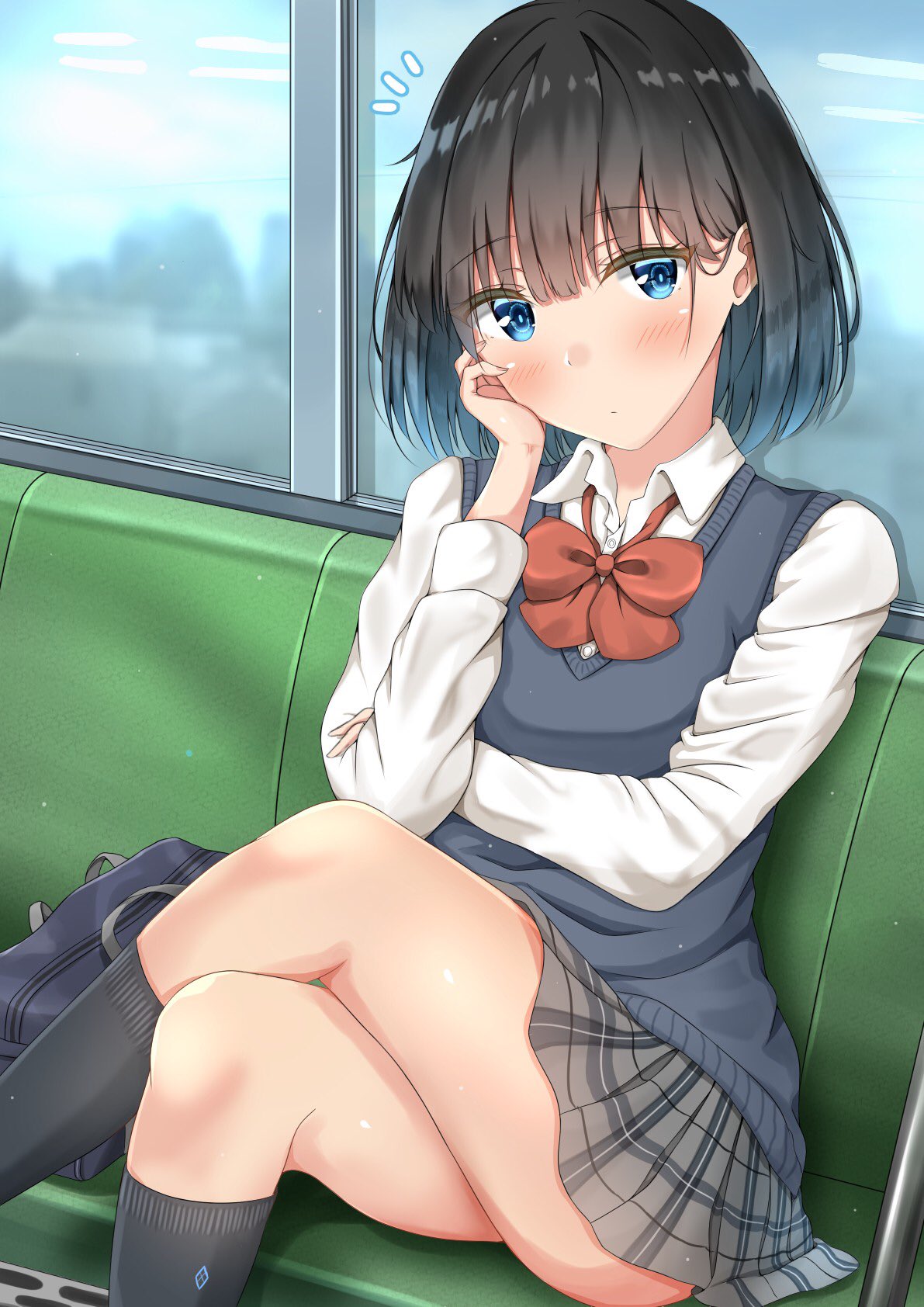 1girl bag bangs black_hair black_legwear blue_eyes blue_sweater_vest bow closed_mouth collared_shirt commentary_request crossed_arms crossed_legs expressionless eyebrows_visible_through_hair grey_skirt ground_vehicle hand_on_own_face highres original pleated_skirt red_bow school_bag school_uniform shirt sitting skirt sunsun2812 sweater_vest thighs train white_shirt window