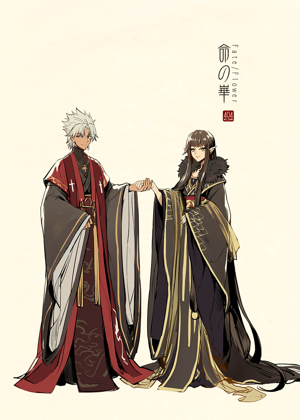 1boy 1girl absurdly_long_hair bangs beige_background black_robe chinese_clothes closed_mouth cross cross_necklace cross_print dark_skin dark_skinned_male earrings fate_(series) full_body fur_trim hanfu highres holding_hands jewelry long_hair long_sleeves looking_at_viewer looking_away male_focus necklace outstretched_arm parted_bangs pointy_ears robe sash see-through shawl sidelocks sideways_glance simple_background sleeves_past_wrists smile spiky_hair standing stole straight_hair tassel turtleneck very_long_hair wide_sleeves yellow_eyes zerocastle