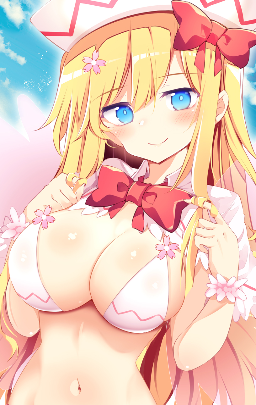 1girl bangs blonde_hair blue_eyes blue_sky blush border bow bowtie breasts clouds commentary_request commission day eyebrows_visible_through_hair fairy_wings hair_between_eyes hair_bow hands_up head_tilt highres large_breasts lily_white long_hair looking_back maturiuta_sorato navel outdoors red_bow red_neckwear short_sleeves shrug_(clothing) sky smile solo stomach touhou upper_body very_long_hair white_bikini_top white_border white_headwear wings