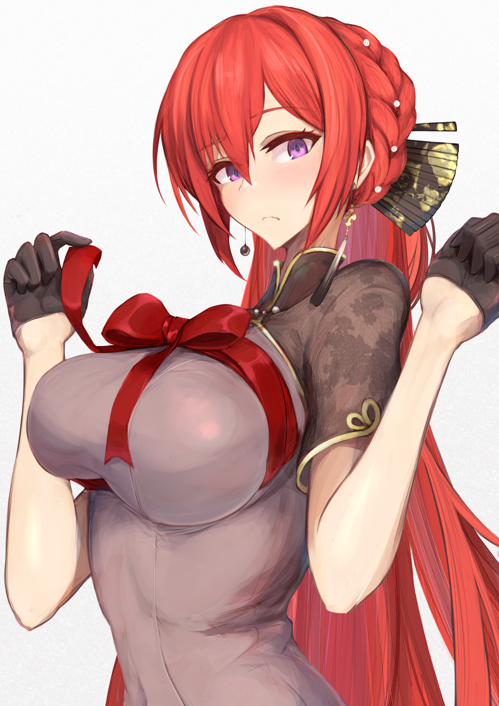 1girl arms_up azur_lane black_gloves blush braid breasts china_dress chinese_clothes covered_navel cross cross_earrings dress earrings eyebrows_visible_through_hair gloves grey_dress hair_between_eyes hair_ornament half_gloves highres jewelry large_breasts long_hair looking_at_viewer marshall2033 monarch_(azur_lane) monarch_(black_qipao)_(azur_lane) red_ribbon redhead ribbon sidelocks simple_background solo white_background