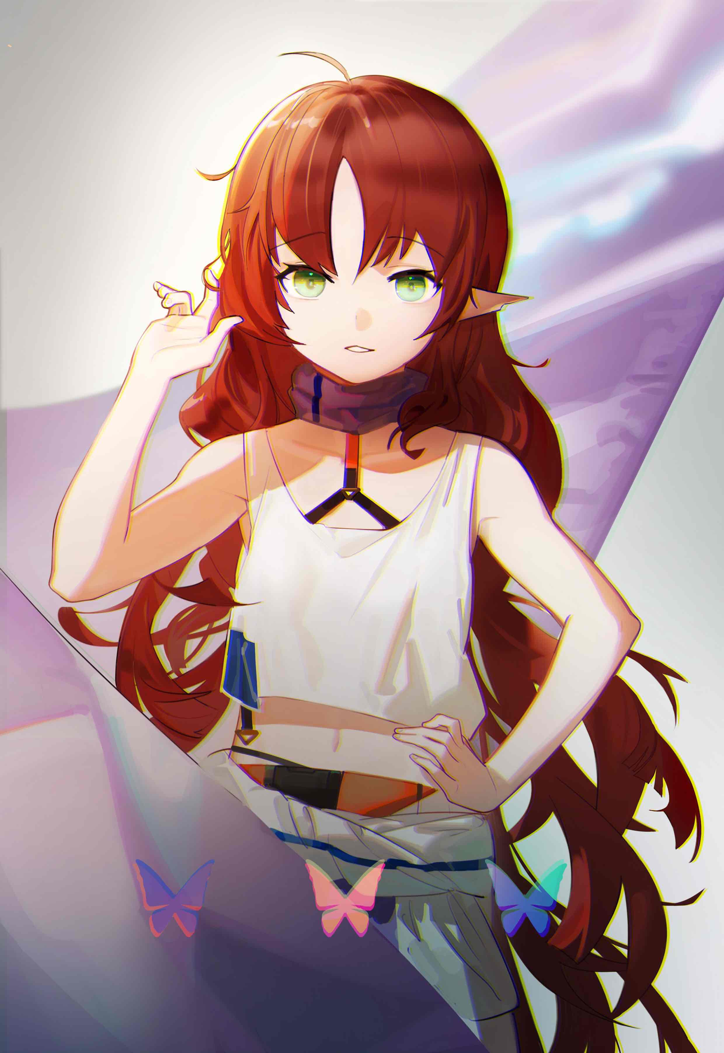 1girl absurdres ahoge arknights bangs bare_arms bare_shoulders breasts bug butterfly collarbone commentary eyebrows_visible_through_hair green_eyes highres insect leiq long_hair looking_at_viewer myrtle_(arknights) navel pointy_ears redhead shirt smile solo