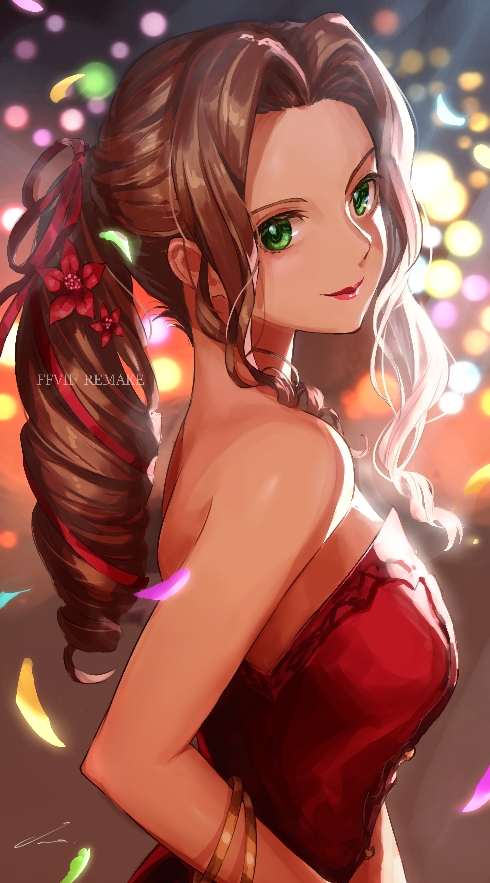 1girl aerith_gainsborough backlighting bare_shoulders blurry blurry_background bokeh bracelet breasts brown_hair closed_mouth copyright_name depth_of_field dress final_fantasy final_fantasy_vii final_fantasy_vii_remake flower from_side green_eyes hair_flower hair_ornament hair_ribbon jewelry looking_at_viewer looking_to_the_side medium_breasts nemoto_yuuma petals pink_lips red_dress red_flower red_ribbon ribbon sidelocks smile solo strapless strapless_dress upper_body
