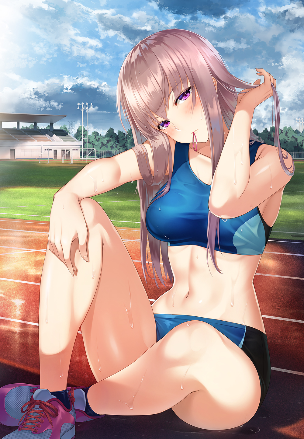 1girl bangs blush breasts clouds cloudy_sky collarbone day dripping expressionless eyebrows_visible_through_hair fingernails floodlights grey_hair hair_tie hair_tie_in_mouth hair_tousle hand_on_own_knee hand_up head_tilt highres knee_up koikeya long_hair looking_at_viewer medium_breasts mouth_hold navel on_ground original outdoors puddle shiny shiny_skin shoes sidelocks sitting sky sneakers soccer_field solo sport sports_bikini stadium sweat track track_and_field track_uniform tree violet_eyes wet wet_clothes wet_hair