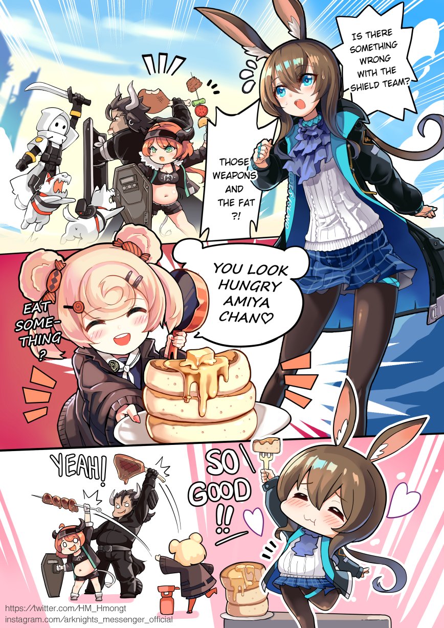 1boy 3girls amiya_(arknights) animal arknights croissant_(arknights) dog eating english_commentary english_text food gummy_(arknights) highres hound matterhorn_(arknights) meat multiple_girls pancake pantyhose phandit_thirathon reunion_soldier_(arknights) stove