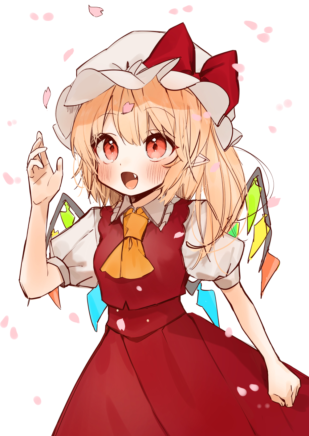 1girl ascot bangs blonde_hair blush bow cowboy_shot eyebrows_visible_through_hair fang flandre_scarlet frilled_shirt_collar frills gotoh510 hand_up hat hat_bow highres long_hair mob_cap open_mouth petals pointy_ears puffy_short_sleeves puffy_sleeves red_bow red_eyes red_skirt red_vest shirt short_sleeves simple_background skirt skirt_set solo standing touhou vest white_background white_headwear white_shirt wings yellow_neckwear