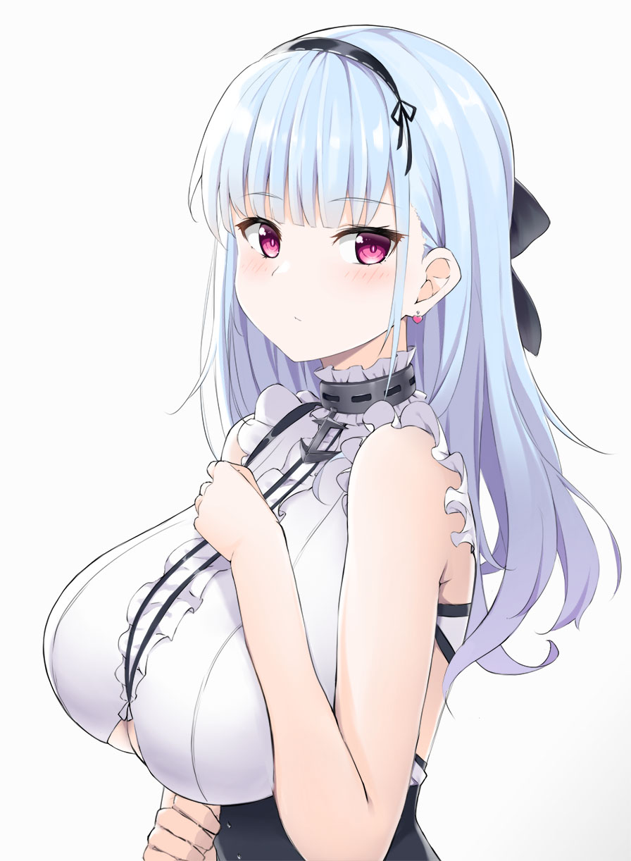 1girl anchor azur_lane bare_arms bare_shoulders blue_hair blush breasts center_frills closed_mouth commentary_request dido_(azur_lane) frills gradient gradient_background grey_background hand_on_own_chest hand_up highres kohakope large_breasts long_hair looking_at_viewer looking_to_the_side shirt sleeveless sleeveless_shirt solo underboob_cutout upper_body violet_eyes white_shirt