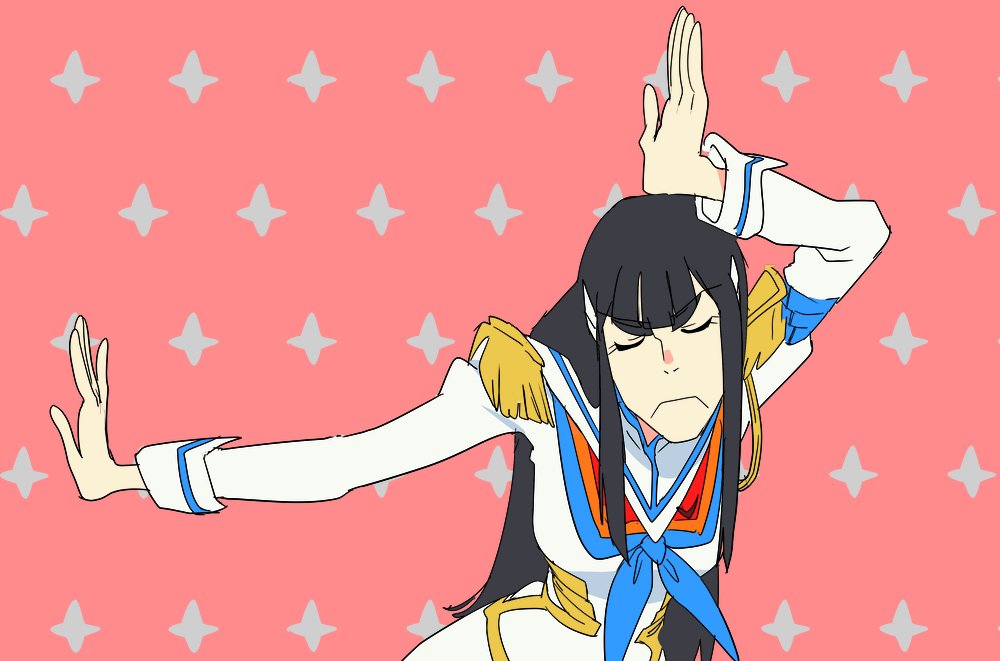 1girl arm_up bangs blue_neckwear blunt_bangs closed_mouth commentary dancing dress easy_breezy eizouken_ni_wa_te_wo_dasu_na! epaulettes facing_viewer frown gyosone junketsu kill_la_kill kiryuuin_satsuki long_hair long_sleeves neckerchief parody red_background solo standing straight_hair style_parody white_dress