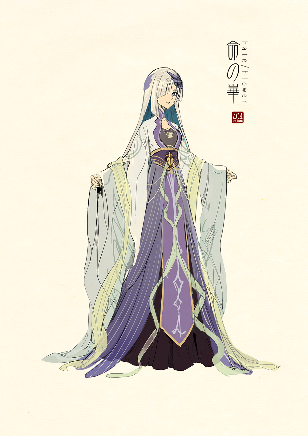 1girl bangs beige_background breasts chinese_clothes closed_mouth diagonal_bangs fate_(series) frown full_body grey_eyes hair_ornament hair_over_one_eye hanfu highres long_sleeves looking_at_viewer one_eye_covered outstretched_arms robe sash see-through shawl sidelocks silver_hair simple_background solo standing wide_sleeves zerocastle