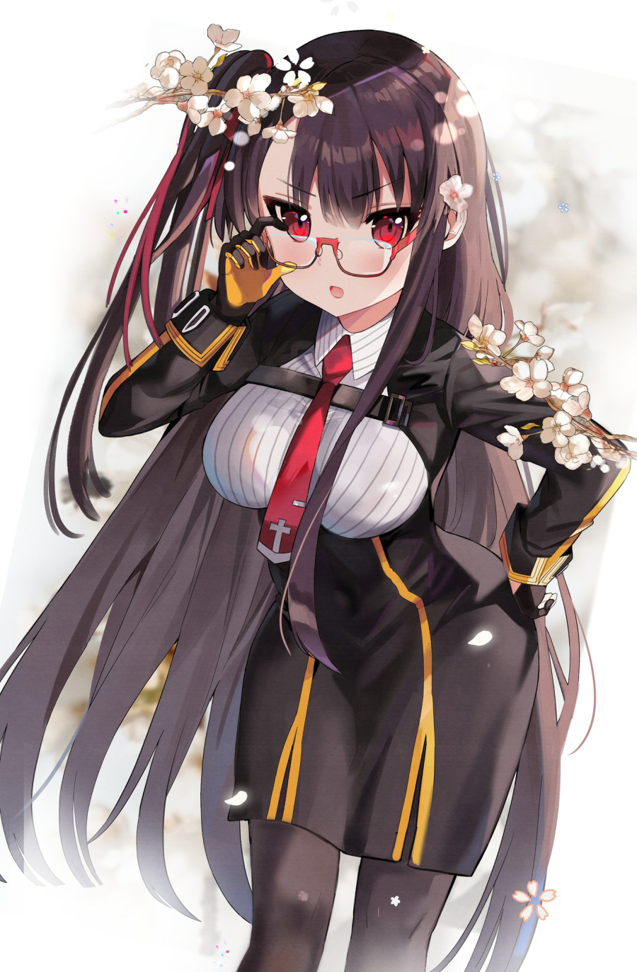 1girl :o adjusting_eyewear arm_up bangs bespectacled black_dress black_hair black_legwear blush breasts dress eyebrows_visible_through_hair feet_out_of_frame girls_frontline glasses gloves hair_ribbon hand_on_hip highres kongya leaning_forward long_hair long_sleeves looking_at_viewer medium_breasts necktie one_side_up open_mouth orange_gloves pantyhose red-tinted_eyewear red_eyes red_neckwear red_ribbon ribbon semi-rimless_eyewear solo standing straight_hair under-rim_eyewear underbust v-shaped_eyebrows very_long_hair wa2000_(girls_frontline)