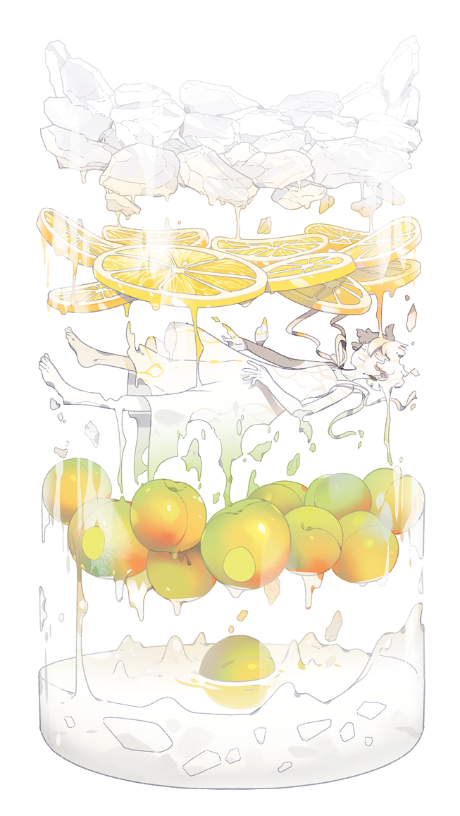 1girl apple bare_arms bare_shoulders barefoot closed_eyes closed_mouth dissolving dissolving_clothes dress drink food fruit gradient ice ice_cube lemon lemon_slice lemonade maruco melting original personification short_hair smile solo sundress untied water white_background white_dress