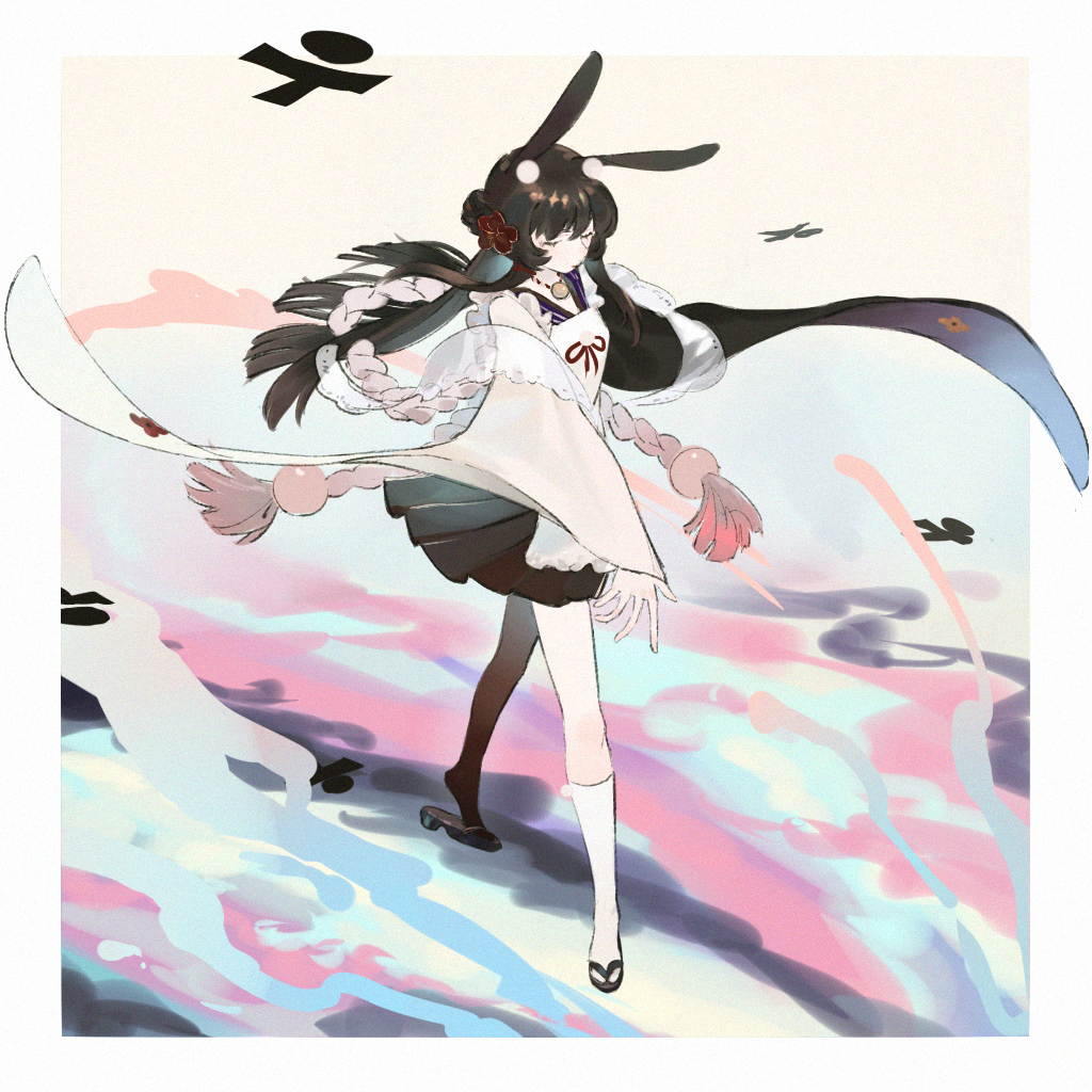0x3 1girl animal_ears apron black_hair black_skirt closed_eyes commentary_request copyright_request floral_print flower full_body hair_flower hair_ornament long_hair long_sleeves multicolored multicolored_background outstretched_arm pleated_skirt rabbit_ears rope shikigami skirt socks solo walking white_legwear wide_sleeves zouri