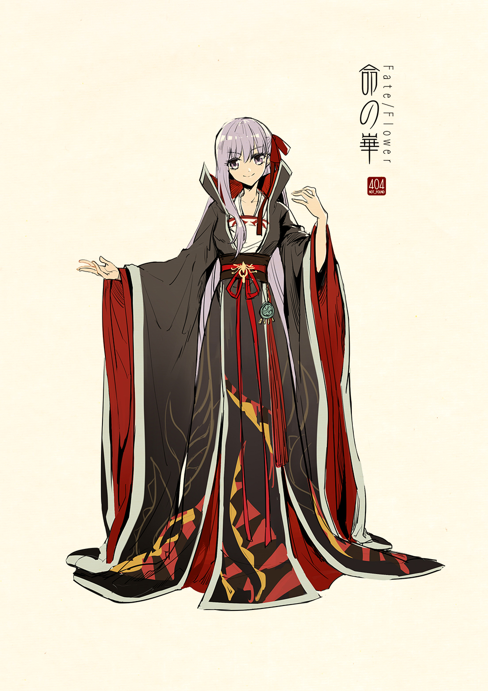 bangs bb_(fate)_(all) bb_(fate/extra_ccc) beige_background breasts chinese_clothes closed_mouth fate_(series) full_body hair_ribbon hanfu highres jewelry long_hair long_sleeves looking_at_viewer outstretched_arm popped_collar purple_hair red_ribbon ribbon robe sash simple_background smile solo standing tassel very_long_hair violet_eyes wide_sleeves zerocastle