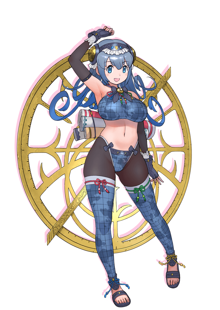 1girl arm_up armpits blue_eyes blue_hair breasts elbow_gloves fingerless_gloves flipped_hair full_body gloves headgear large_breasts long_hair map_print navel open_mouth sandals scroll shachibato! shachou_batoru_no_jikan_desu! solo tachi-e transparent_background yoshizaki_mine