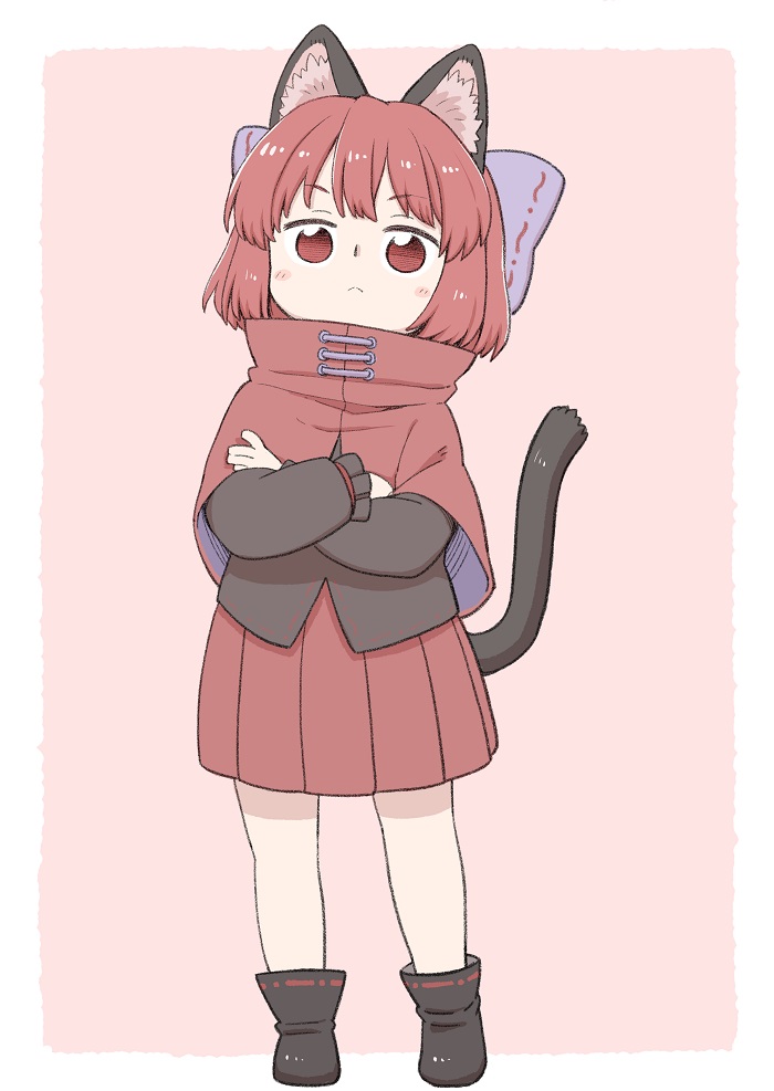 1girl :&lt; animal_ears black_footwear blush boots border bow capelet cat_ears cat_tail closed_mouth commentary crossed_arms eyebrows_visible_through_hair full_body hair_bow kemonomimi_mode long_sleeves looking_at_viewer pink_background pleated_skirt poronegi purple_bow red_capelet red_eyes red_skirt redhead sekibanki short_hair simple_background skirt solo tail tail_raised touhou white_border younger