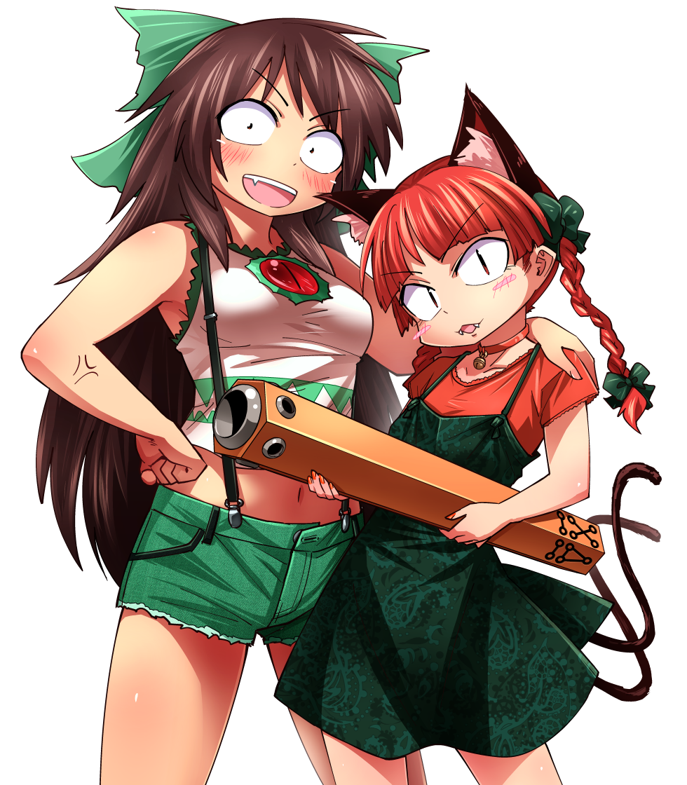 2girls adapted_costume animal_ears bow braid brown_hair casual cat_ears contemporary dress eyebrows_visible_through_hair green_bow green_dress green_shorts hand_on_another's_shoulder kaenbyou_rin long_hair looking_at_viewer multiple_girls multiple_tails open_fly redhead reiuji_utsuho shimizu_pem shirt short_shorts shorts sleeveless sleeveless_shirt slit_pupils smile suspenders tail tank_top touhou twin_braids two_tails unbuttoned v-shaped_eyebrows white_background white_shirt