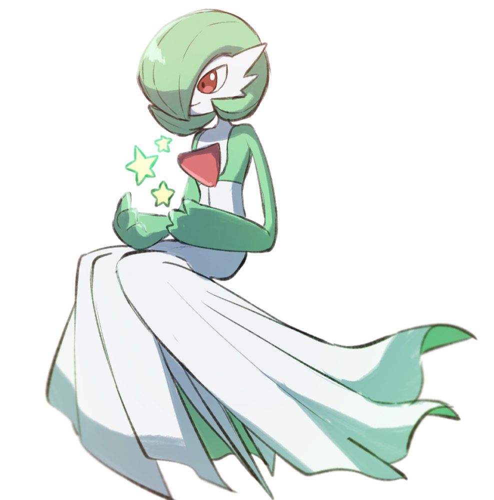 closed_mouth colored_skin commentary_request gardevoir gen_3_pokemon green_hair morio_(poke_orio) pokemon pokemon_(creature) red_eyes short_hair simple_background smile solo star_(symbol) white_background white_skin