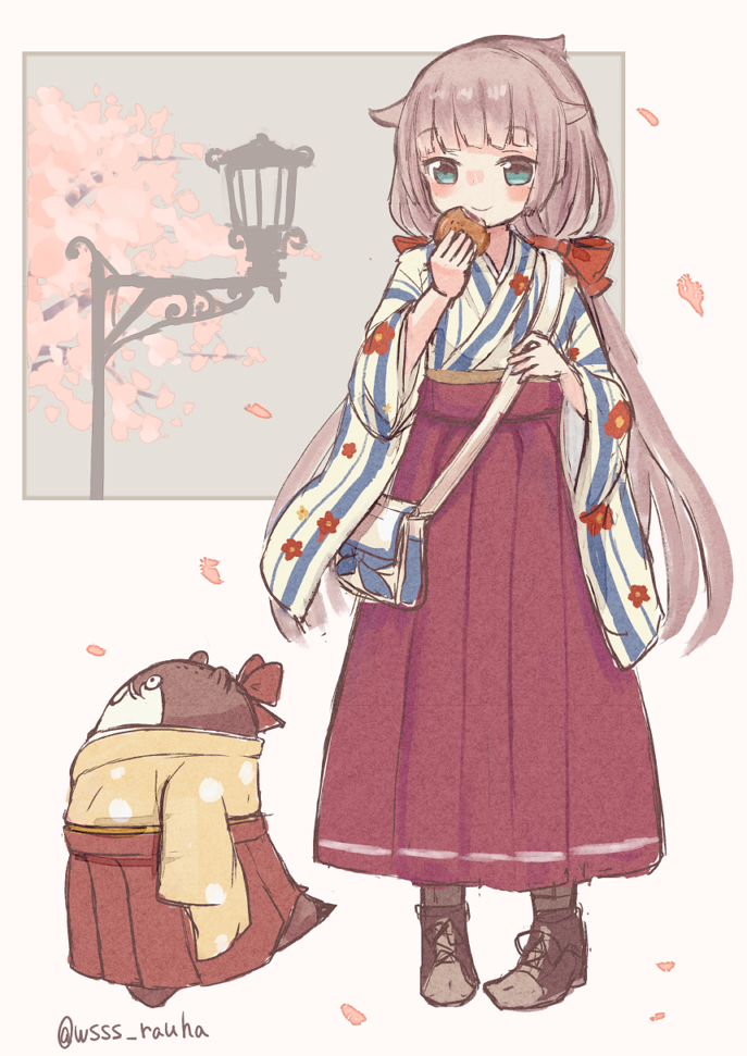 1girl alternate_costume aqua_eyes bag blush bokukawauso bow closed_mouth eating eyebrows_visible_through_hair floral_print food grey_hair hair_bow hair_ornament hakama hakama_skirt japanese_clothes kantai_collection kimono lamppost long_hair long_skirt looking_at_viewer low_twintails mikura_(kantai_collection) pleated_skirt red_bow red_hakama red_skirt skirt smile twintails wide_sleeves wss_(nicoseiga19993411) yellow_kimono