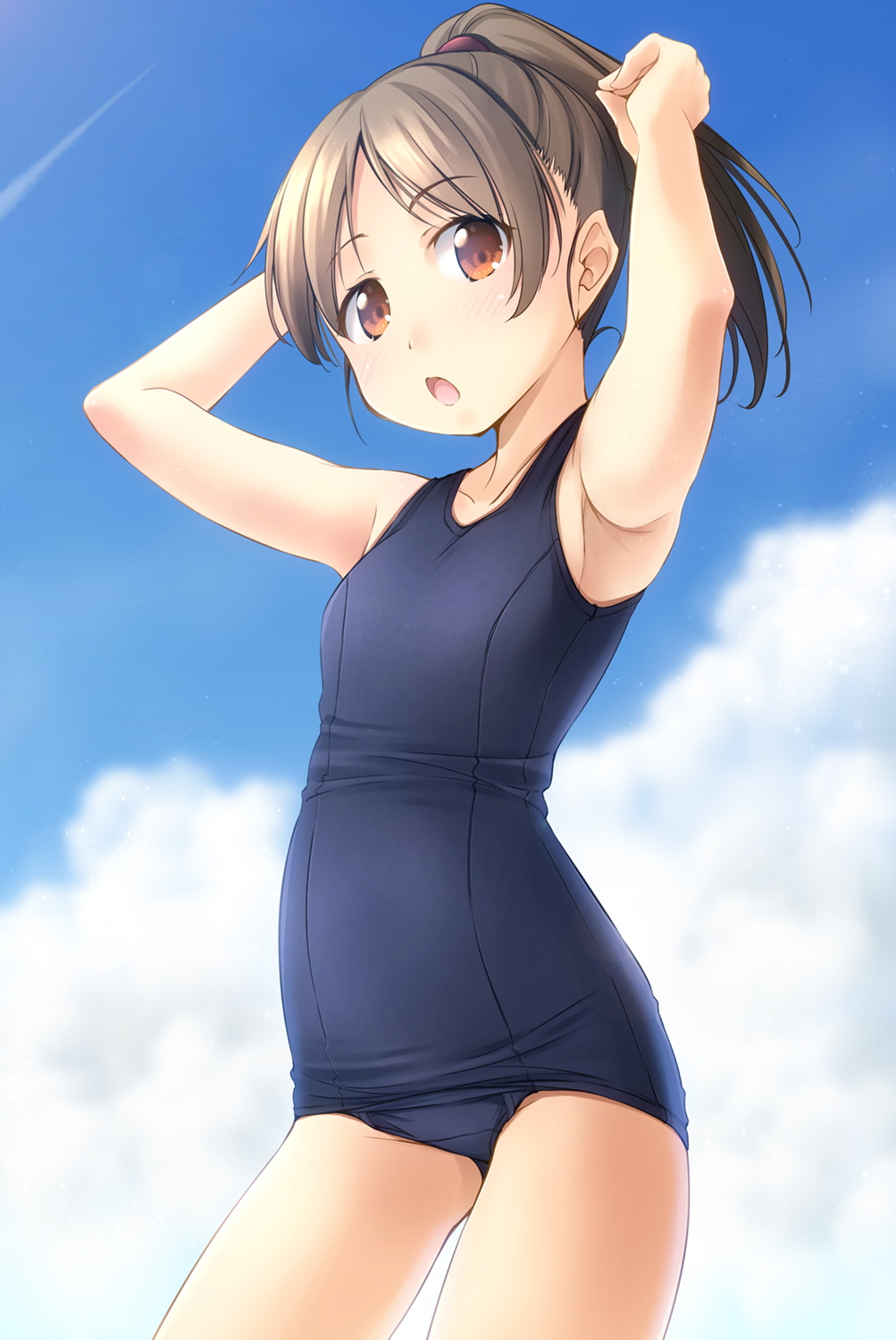 1girl armpits arms_up bare_arms bare_shoulders blue_sky blue_swimsuit blush breasts brown_eyes brown_hair clouds collarbone condensation_trail contrapposto cowboy_shot day highres looking_at_viewer old_school_swimsuit open_mouth original outdoors ponytail school_swimsuit shibacha sky small_breasts solo standing swimsuit
