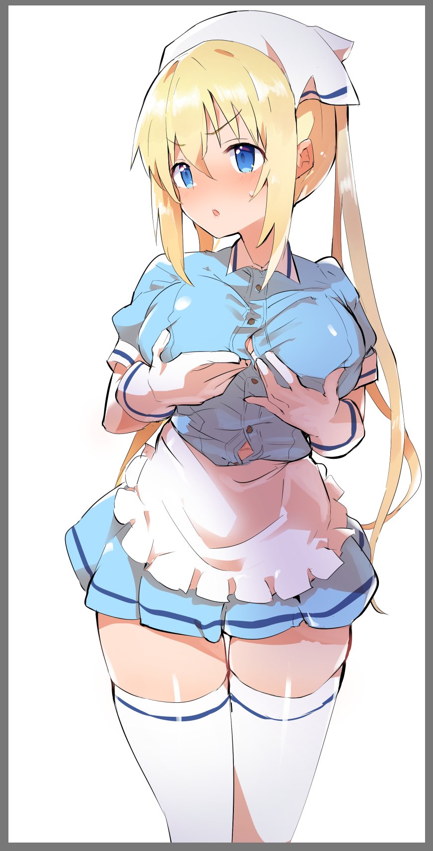 1girl blend_s blonde_hair blue_eyes blue_shirt blue_skirt breasts caburi commentary_request cowboy_shot gloves hair_between_eyes head_scarf highres hinata_kaho large_breasts long_hair looking_to_the_side miniskirt shirt simple_background skindentation skirt solo standing stile_uniform thigh-highs twintails waitress white_background white_gloves white_legwear