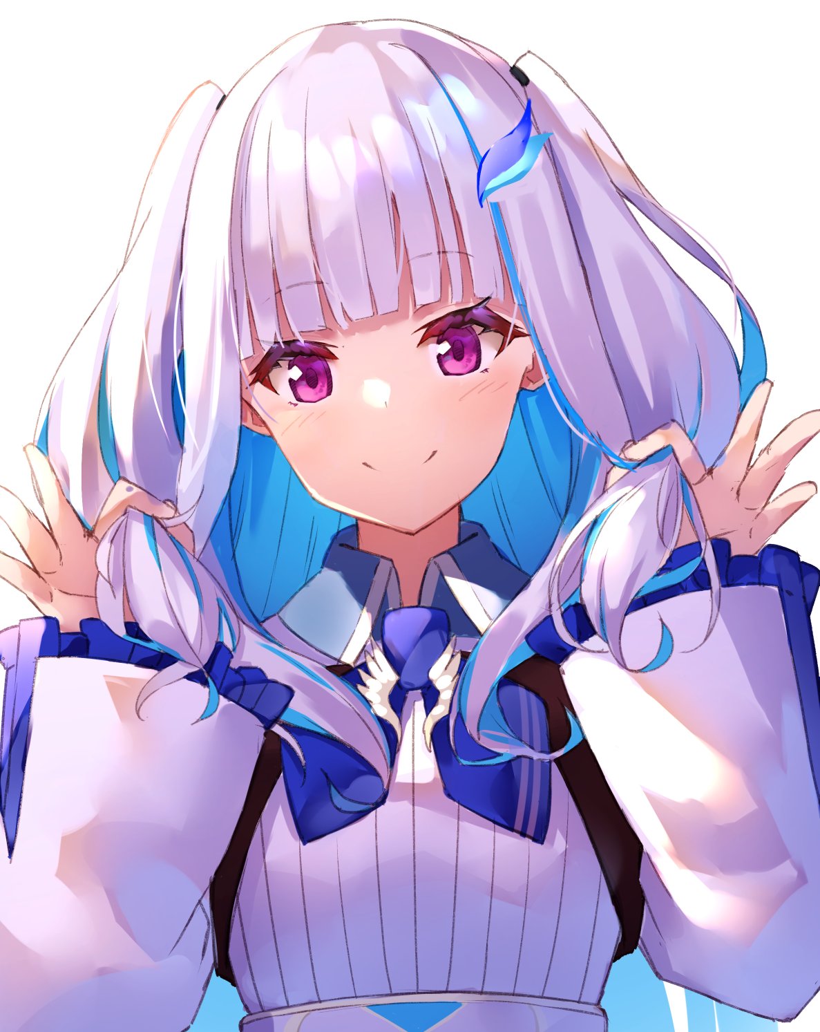 1girl alternate_hairstyle bangs blue_hair blunt_bangs blush closed_mouth hair_ornament highres lize_helesta long_hair long_sleeves looking_at_viewer multicolored_hair nijisanji shirt smile solo twintails two-tone_hair upper_body violet_eyes virtual_youtuber white_hair white_shirt yuuki_nao_(pixiv10696483)