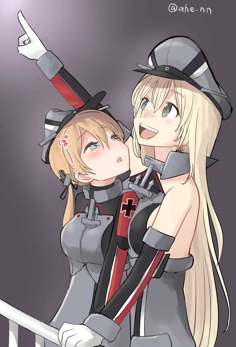 2girls :d ahenn bare_shoulders bismarck_(kantai_collection) blonde_hair blue_eyes commentary_request detached_sleeves eyebrows_visible_through_hair gloves hair_between_eyes hat kantai_collection long_hair long_sleeves low_twintails military military_uniform multiple_girls open_mouth peaked_cap pointing pointing_up prinz_eugen_(kantai_collection) smile twintails twitter_username uniform upper_body white_gloves