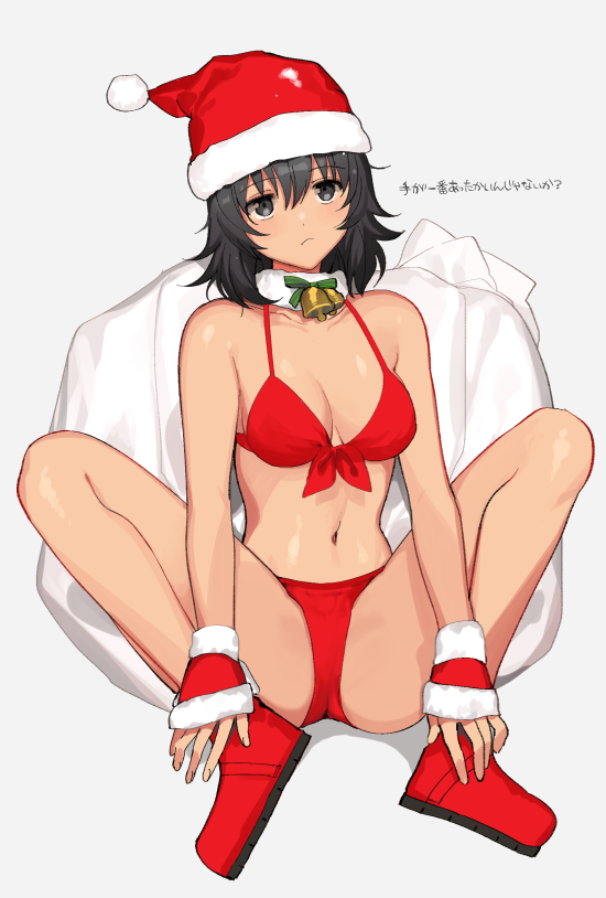 1girl andou_(girls_und_panzer) bell bell_collar bikini black_eyes black_hair breasts collar fingerless_gloves full_body fur_collar girls_und_panzer gloves grey_background hat medium_breasts navel red_bikini red_bikini_bottom red_bikini_top red_footwear red_gloves sack santa_hat simple_background sitting solo spread_legs swimsuit tan3charge translation_request