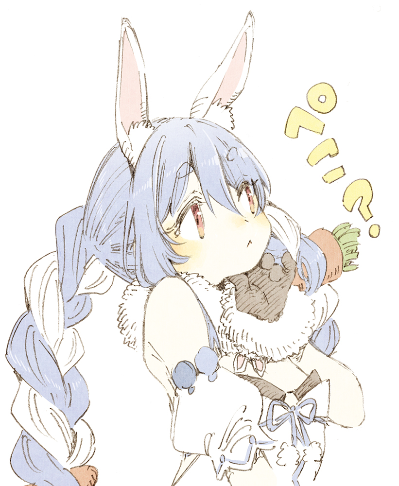 1girl :&lt; abara_heiki animal_ear_fluff animal_ears arm_cuffs black_gloves braid breasts bunnysuit carrot_hair_ornament dress eyebrows_visible_through_hair food_themed_hair_ornament fur-trimmed_gloves fur_scarf fur_trim gloves hair_between_eyes hair_ornament hololive light_blue_hair long_hair multicolored_hair rabbit_ears red_eyes simple_background small_breasts solo thick_eyebrows traditional_media twin_braids twintails two-tone_hair upper_body usada_pekora virtual_youtuber white_background white_dress white_hair