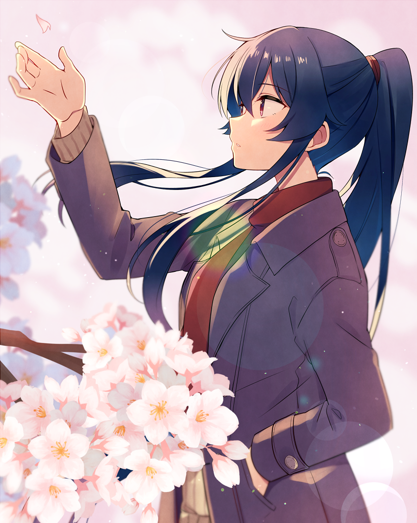 1girl alternate_costume arm_up black_hair blush brown_coat buttons cherry_blossoms coat eyebrows_visible_through_hair from_side hair_between_eyes hand_in_pocket kantai_collection long_hair long_sleeves parted_lips petals ponytail red_eyes solo upper_body very_long_hair yahagi_(kantai_collection) yukichi_(eikichi)