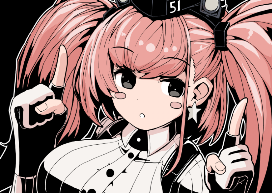 1girl :o atlanta_(kantai_collection) bangs black_background black_eyes blush blush_stickers boushi-ya breasts brown_hair earrings eyebrows_visible_through_hair garrison_cap gloves hat headgear index_finger_raised jewelry kantai_collection long_hair open_mouth partly_fingerless_gloves simple_background single_earring solo star star_earrings suspenders twintails upper_body