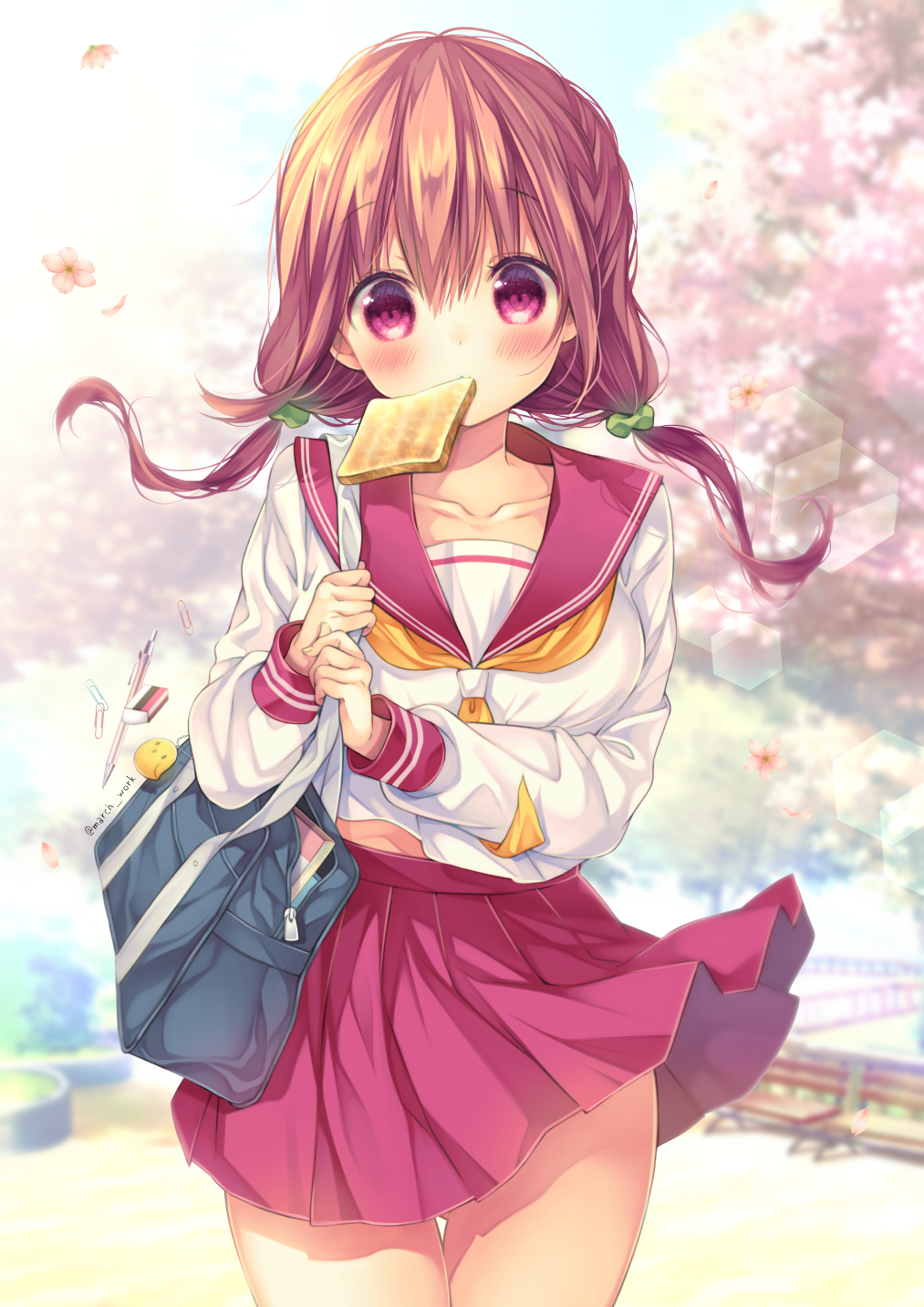 1girl ass_visible_through_thighs bag bag_charm blouse blurry blurry_background blush braid charm_(object) collarbone commentary_request cowboy_shot food food_in_mouth green_scrunchie hair_ornament hair_scrunchie highres hinako_note long_hair long_sleeves looking_at_viewer low_twintails march-bunny miniskirt mouth_hold neckerchief official_art pink_eyes pink_hair pink_sailor_collar pink_skirt pleated_skirt sailor_collar sakuragi_hinako school_bag school_uniform scrunchie serafuku side_braid skirt solo toast toast_in_mouth twintails white_blouse yellow_neckwear