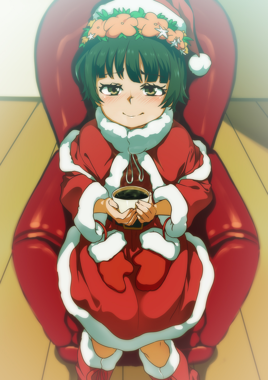 1girl armchair bangs belt black_eyes black_hair blush capelet chair christmas coat coffee commentary cup flower fur_collar fur_trim hat head_wreath highres holding holding_cup indoors jcm2 looking_at_viewer mittens pom_pom_(clothes) santa_costume santa_hat short_hair sitting smile solo steam to_aru_kagaku_no_railgun to_aru_majutsu_no_index uiharu_kazari winter_clothes winter_coat wooden_floor